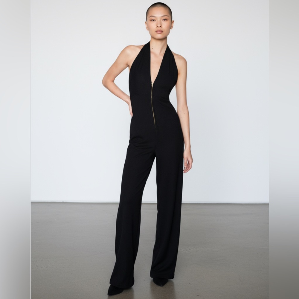 Zara Zip Front Wide Leg Halter Jumpsuit Black Stretchy Medium Low Cut - Picture 2 of 16
